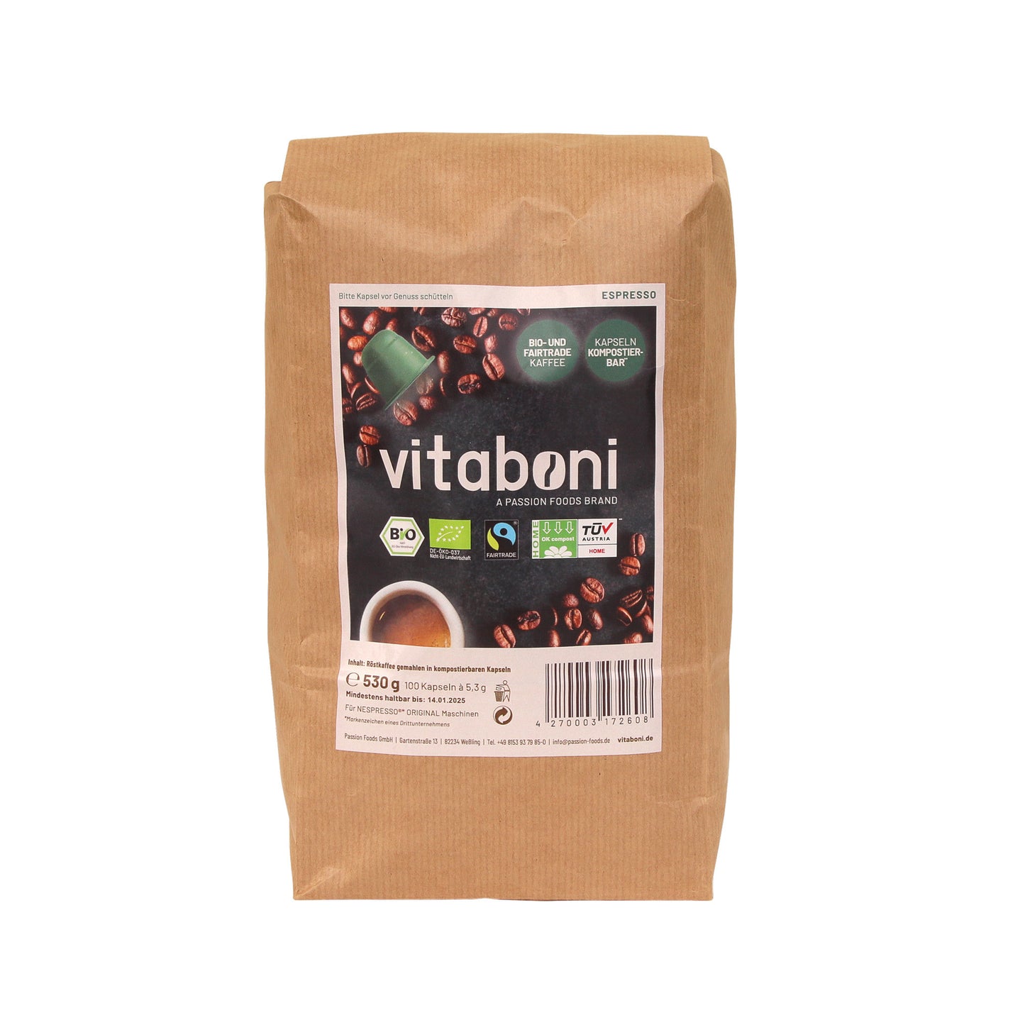 Vitaboni ® Bio Fairtrade Biodegradable Coffee Capsules | biologisch abbaubare Kaffeekapseln